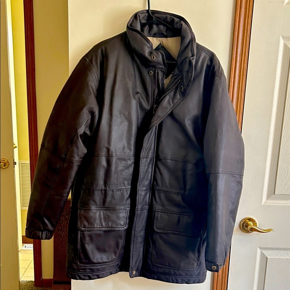 VTG EDDIE BAUER Goose Down Leather Size Medium Tall Mens Puffy Coat Brown - Picture 1 of 5